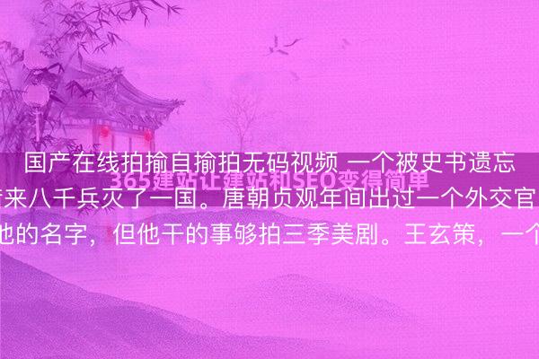 国产在线拍揄自揄拍无码视频 一个被史书遗忘的狠人，凭一己之力借来八千兵灭了一国。唐朝贞观年间出过一个外交官，你可能从来没听过他的名字，但他干的事够拍三季美剧。王玄策，一个在唐朝外交部上班的普通官员，贞观十七年被派去印度搞外交。带着几十个随从翻过青藏高原走了几千里路到了摩揭陀国。本来任务挺顺利，吃了几顿饭互赠了...